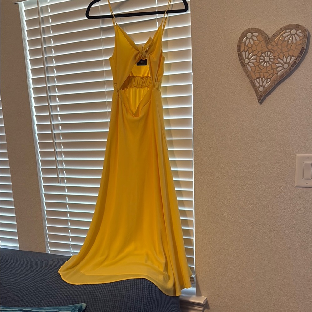 Elegant Yellow Maxi Dress-front tie and cutout design